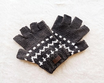 Personalized Dark Grey, Fair Isle Half-finger Gloves: Hand-knitted