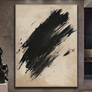 Neutral Beige and Black Abstract Painting on canvas Wabi Sabi Textured Wall Art Modern Minimalist Art for Living Room Wall Decor Painting