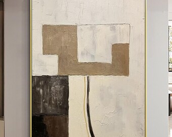 Large Creamy Beige White Abstract Geometric Oil Painting Modern Wabi Sabi Wall Art White and Gold Minimalist Wall Art Textured Painting