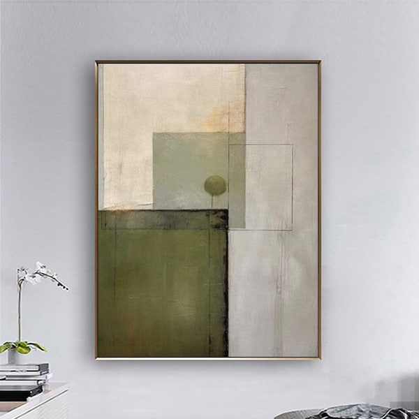 Green minimalist abstract painting,Abstract landscape painting on canvas,Wabi sabi wall art,Handmade oil paintings for Living room wall art