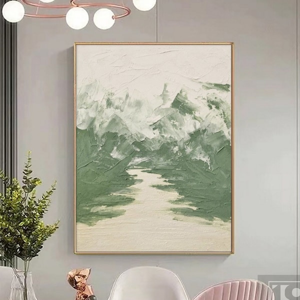 Green and white minimalist abstract painting on canvas,wabi sabi textured wall art,handmade oil painting,entrance wall decor for Living room