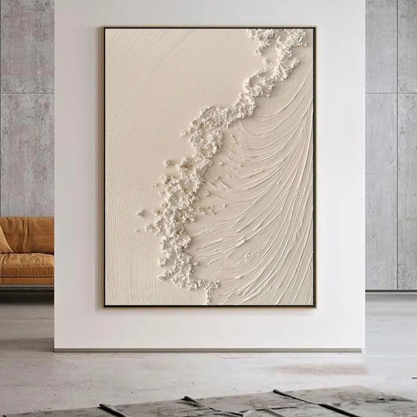 Original beige ocean painting large sea canvas oil painting beige wave painting beige minimalist 3d textured painting living room wall art