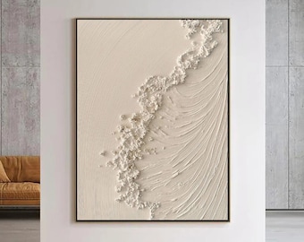 Original beige ocean painting large sea canvas oil painting beige wave painting beige minimalist 3d textured painting living room wall art