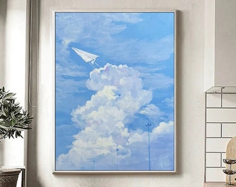流れる空の絵画、渦巻く雲、雄弁な風景、土地と空、青空、カラフルな