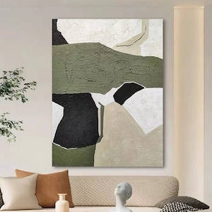 Green and white abstract painting on canvas wall art,green painting,black and white painting,textured painting,framed painting,room decor