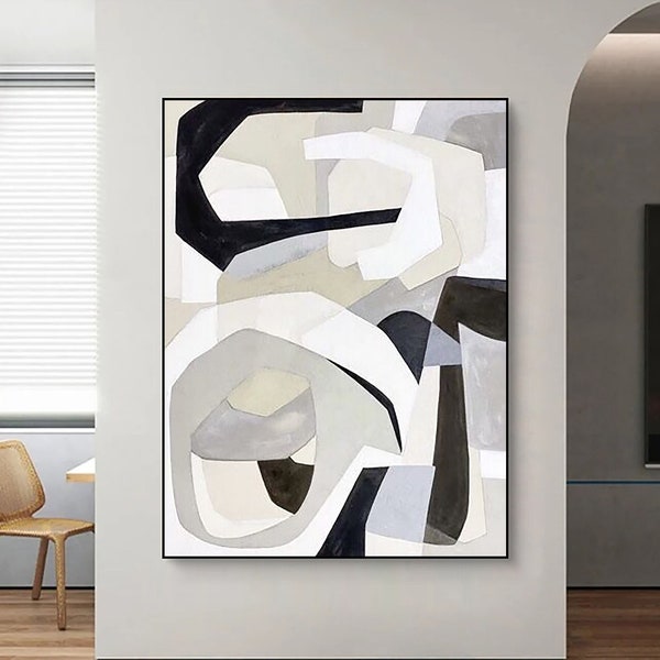 Origineel abstract schilderij op canvas grijs witte muur kunst zwart-wit schilderij Wabi Sabi muur kunst ingang muur decor mooi olieverfschilderij