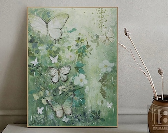 Large butterfly landscape painting,Modern butterfly painting,Abstract texture wall art,Green oil painting canvas artwork for Living room