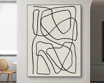 Scandinavian wall art white textured painting on canvas black and white abstract line art large white wall art modern minimalist painting