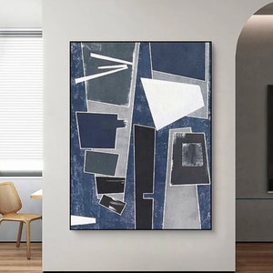 Original blue and gray abstract painting,Wabi sabi wall art,Geometric painting on canvas,blue painting,gray painting,abstract wall art