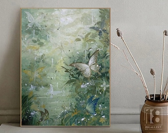 Large green abstract painting,butterfly landscape painting,Modern painting,Texture wall art,Oil painting canvas artwork for Living room
