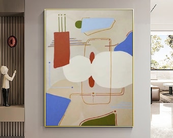 May include: Abstract art print with geometric shapes in shades of blue, green, red, and white on a beige background.