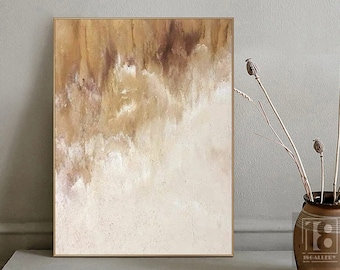 Gran cuadro abstracto minimalista, decoración de pared neutra, arte de pared con textura en beige y blanco, arte de pared wabi sabi, decoración de pared de entrada, pintura marrón