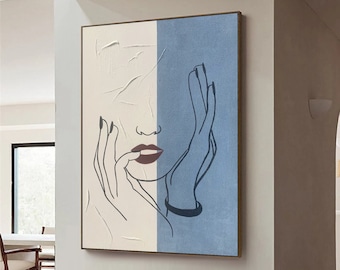 Pintura abstracta de figuras grandes sobre lienzo, arte de pared con textura wabi sabi, pintura minimalista moderna, arte lineal, decoración de pared de entrada para sala de estar