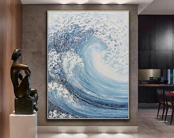 Large ocean wave textured painting,white ocean wave painting,ocean wave abstract painting,blue ocean painting,ocean wave landscape painting