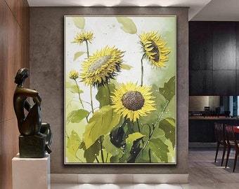 Large sunflower painting,flower painting wall art,sunflower landscape painting,sunflower textured painting,original flower oil painting