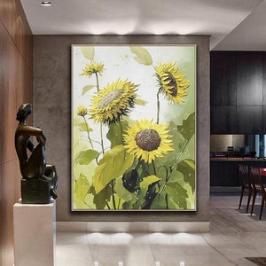 Large sunflower painting,flower painting wall art,sunflower landscape painting,sunflower textured painting,original flower oil painting