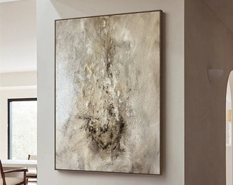 Pintura abstracta de gran tamaño en color neutro sobre lienzo, pintura texturizada, arte de pared Wabi sabi, arte abstracto moderno, decoración de pared de entrada para sala de estar
