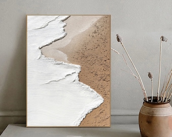 Original beige white ocean beach abstract oil painting on canvas,ocean painting,beach textured painting,white textured wall art,3d painting