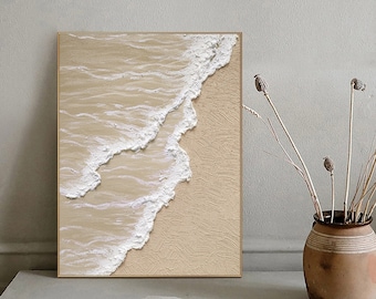 Large White Ocean Wave Textured Painting,Sea Beach Painting,Abstract Landscape Painting,Boho Wall Art,Bedroom Art