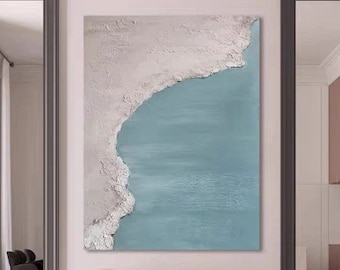 Original blue ocean painting,sea abstract painting,white 3d texture painting,blue painting,3d texture wall art for living room wall art