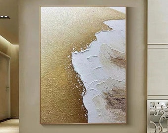 Original white waves abstract painting,white 3d wall art,gold abstract painting,gold and white textured painting,large canvas wall art