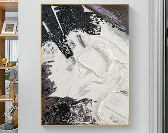 Black and White 3D Textured Abstract Painting: Handmade Wall Art