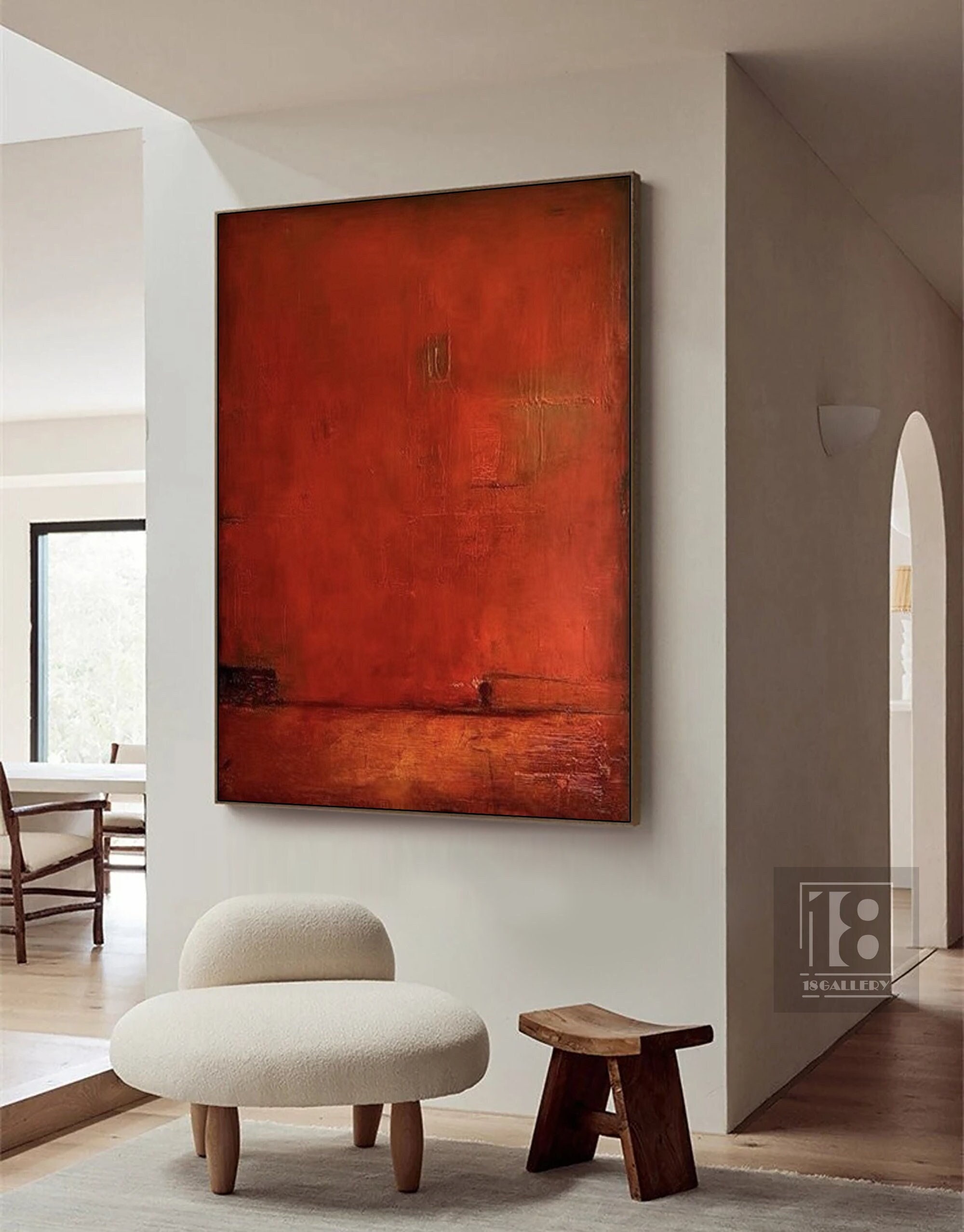 Large Red Abstract Painting ｜ Wabi Sabi Textured Wall Art ｜ Boho Decor