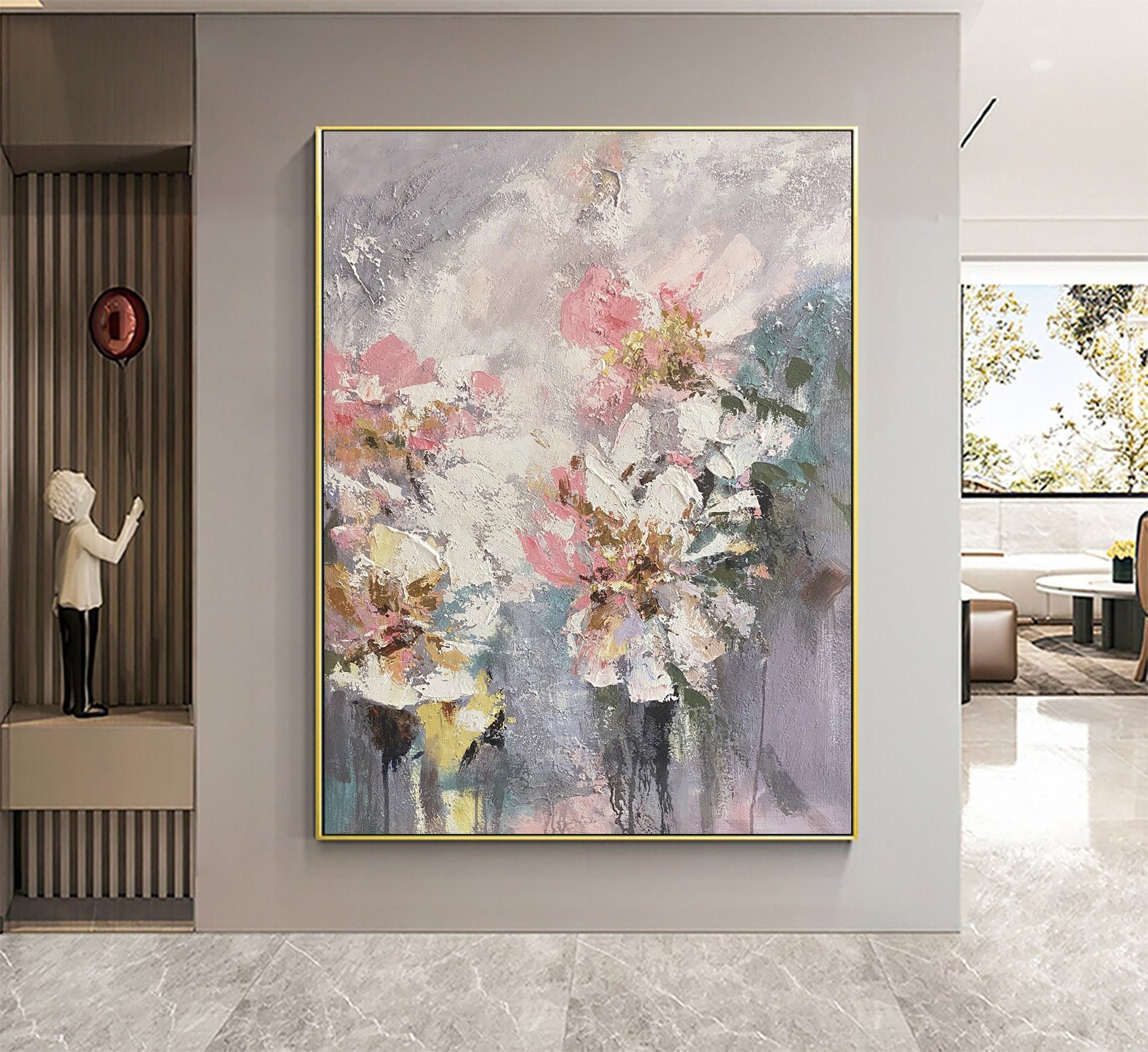 Wabi Sabi Wall Art ｜ Abstract Flower Painting on Canvas ｜ Pink & White Textured Art