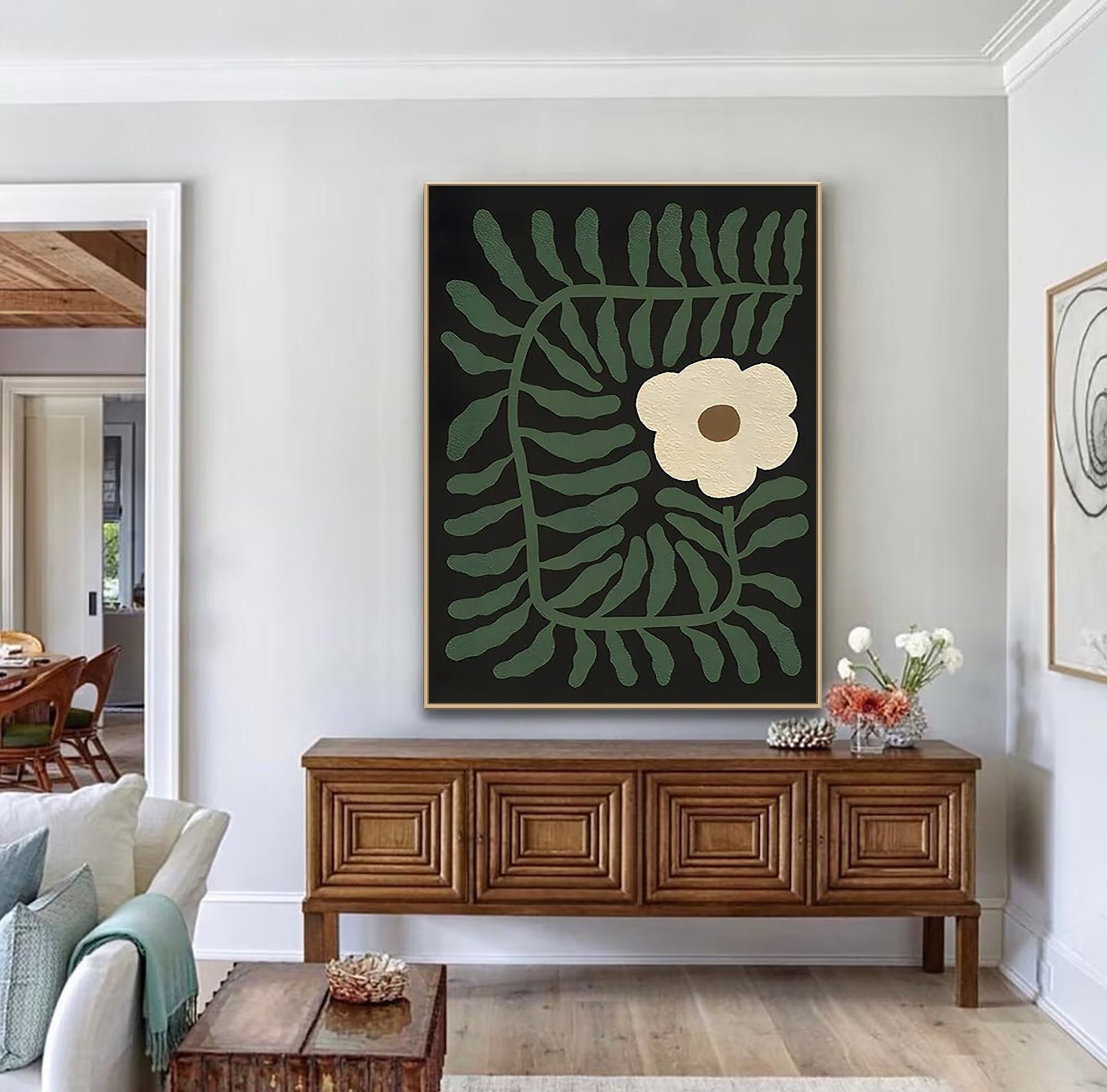Large Green Minimalist Wall Art ｜ Green & White Textured Canvas ｜ Abstract Flower Painting