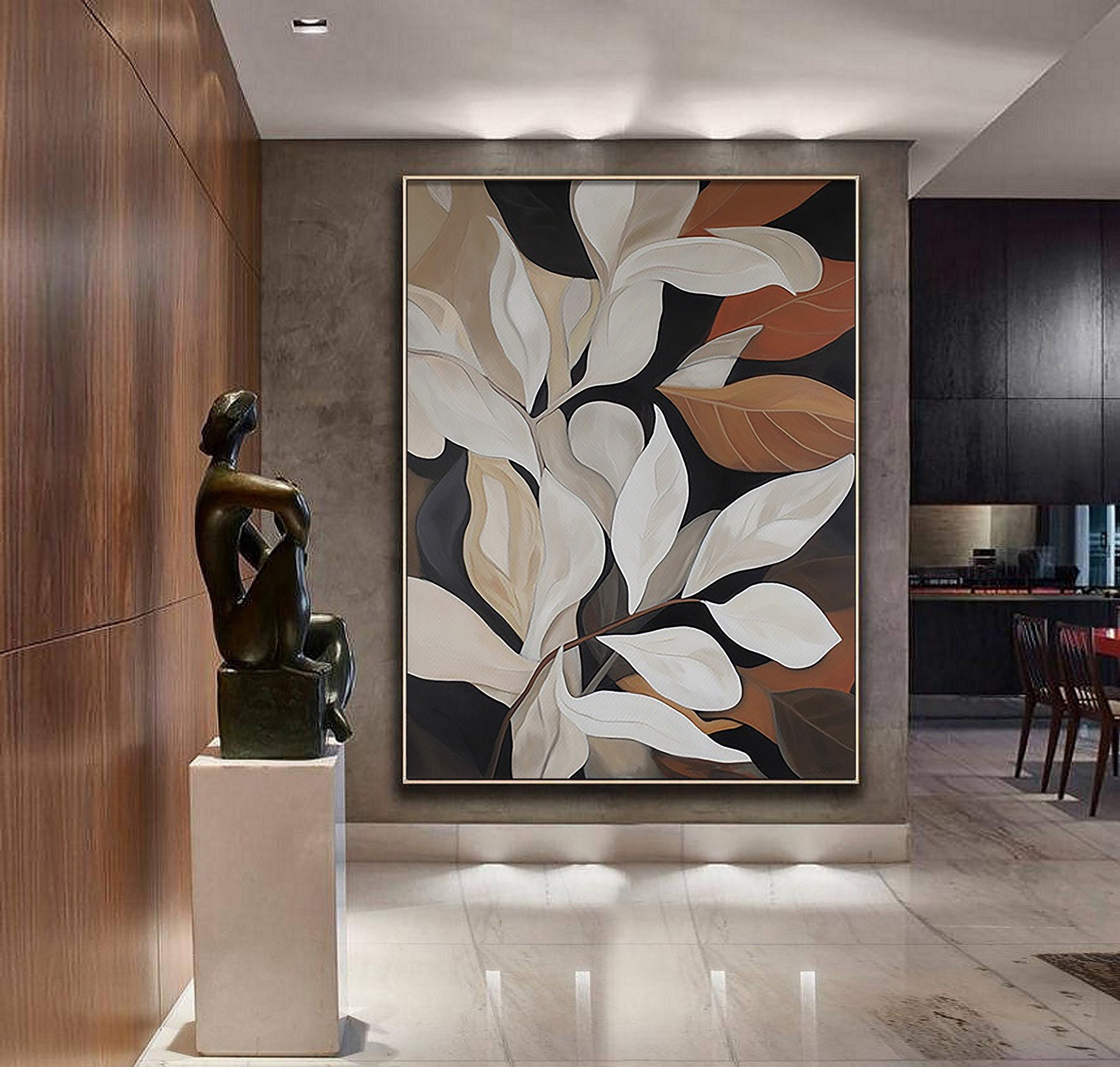 Original Leaves Oil Painting ｜ Wabi Sabi Textured Wall Art ｜ Abstract White Plants Canvas
