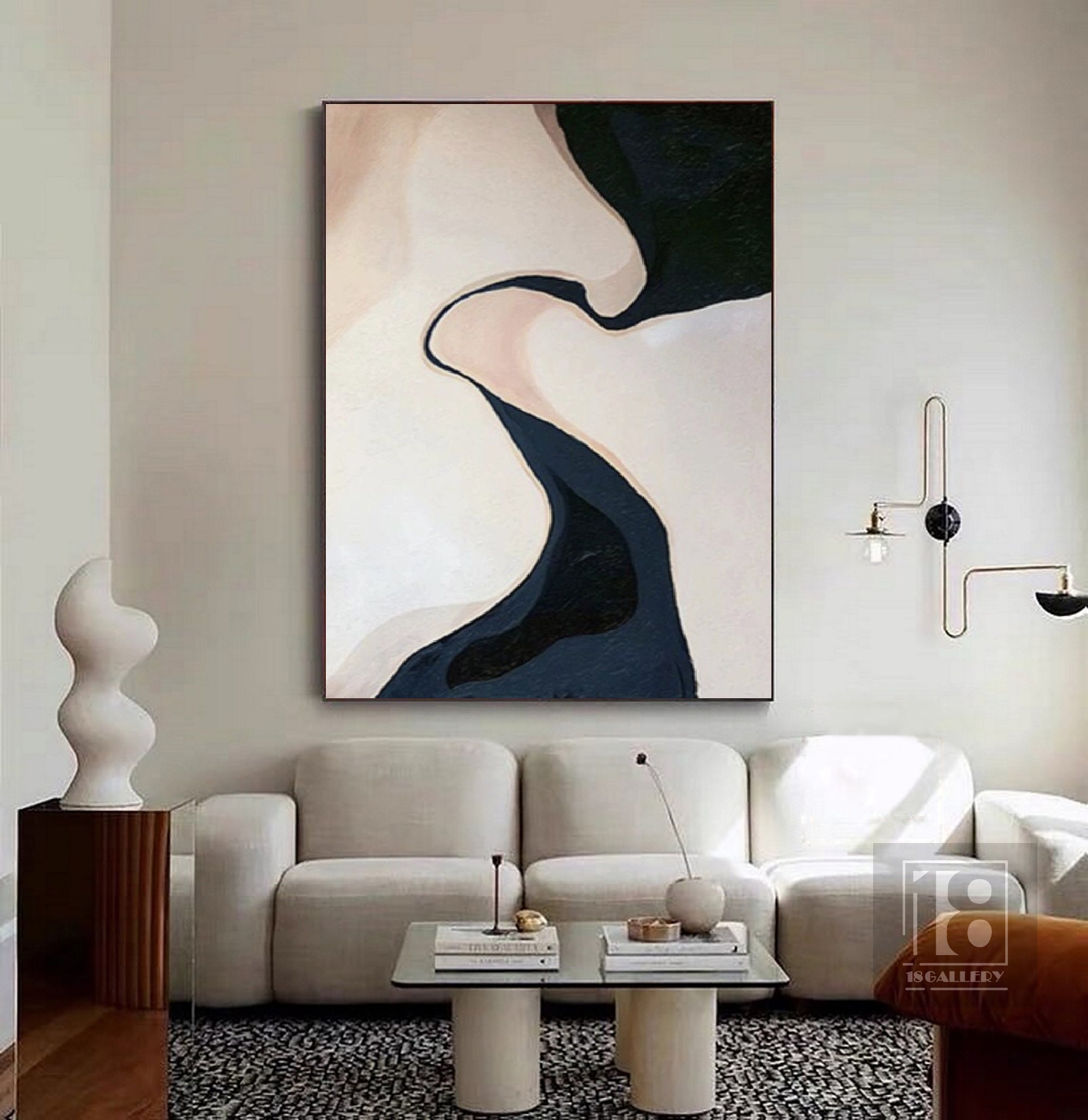 Wabi Sabi Wall Art Beige Black White Abstract Painting on Canvas Modern ...