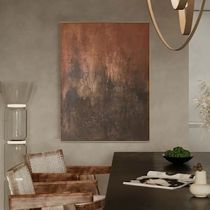May include: Abstract painting featuring brown, orange, and grey hues. The artwork has a textured surface and a contemporary aesthetic.