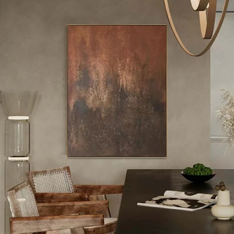 May include: Abstract painting featuring brown, orange, and grey hues. The artwork has a textured surface and a contemporary aesthetic.