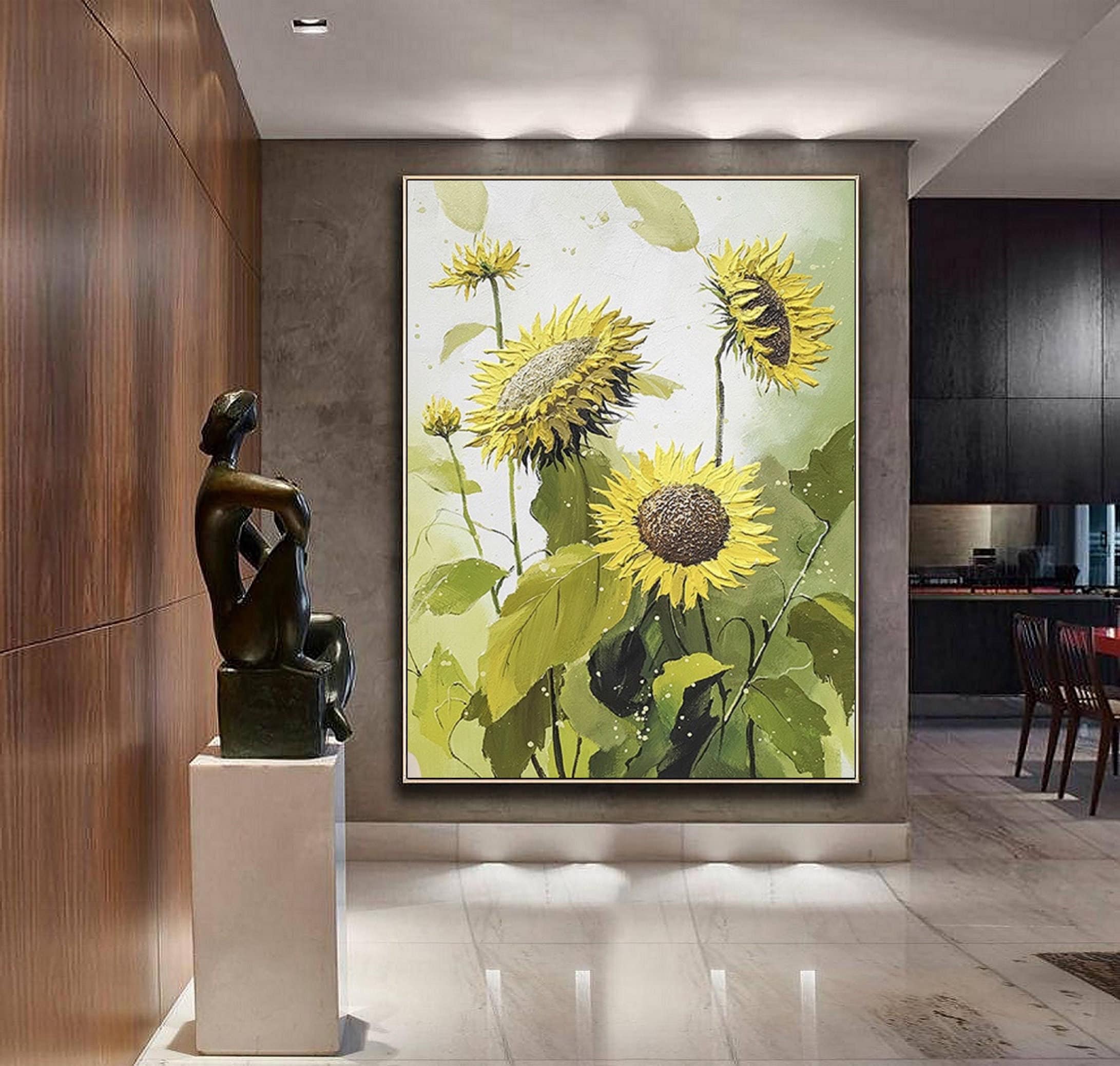 Large Sunflower Painting ｜ Sunflower Wall Art ｜ Textured Flower Oil Painting on Canvas