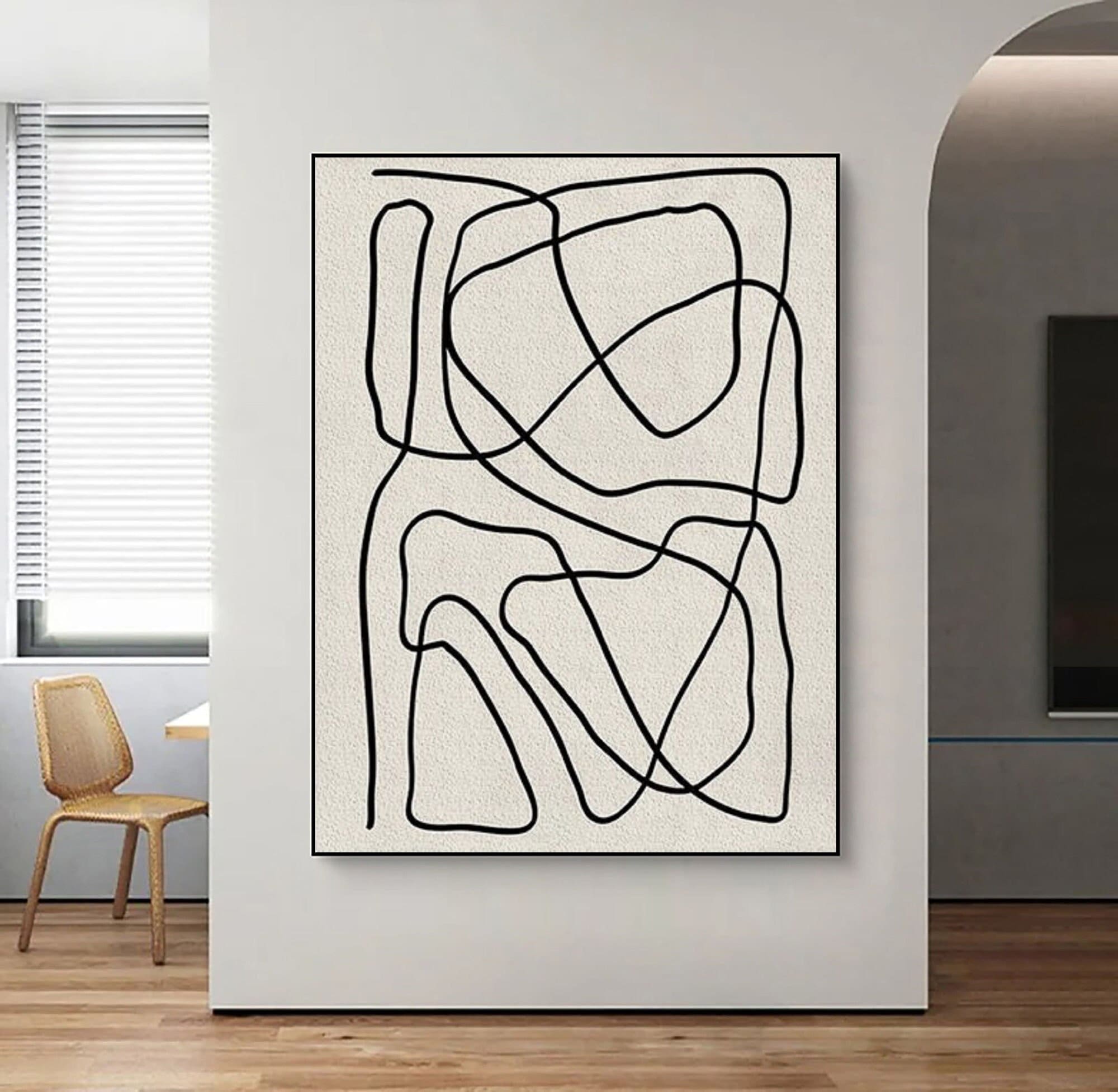 Scandinavian Wall Art ｜ Large White Textured Abstract Painting ｜ Line Art