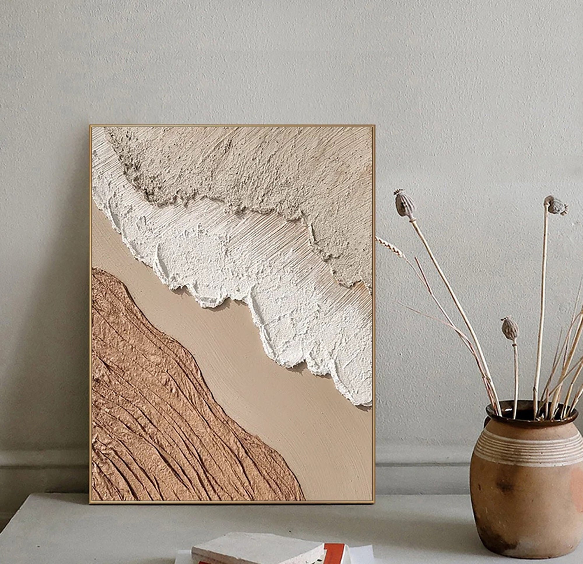Brown Beige and White Abstract Canvas Art - 3D Textured Painting for Minimalist Interiors