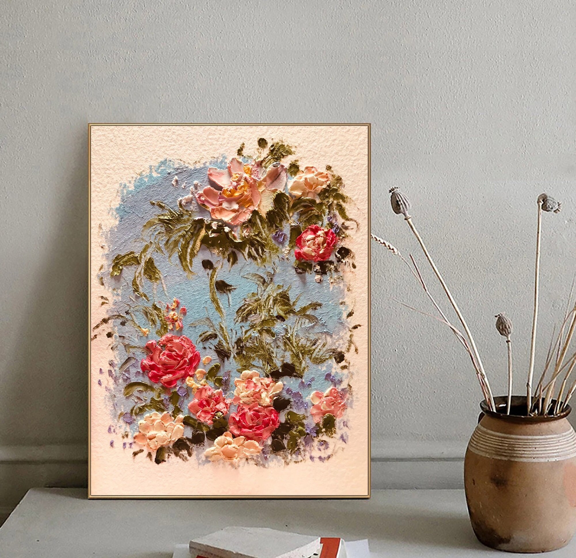 Original Pink Flower Painting ｜ 3D Textured Canvas Art ｜ Flower Bouquet Wall Decor