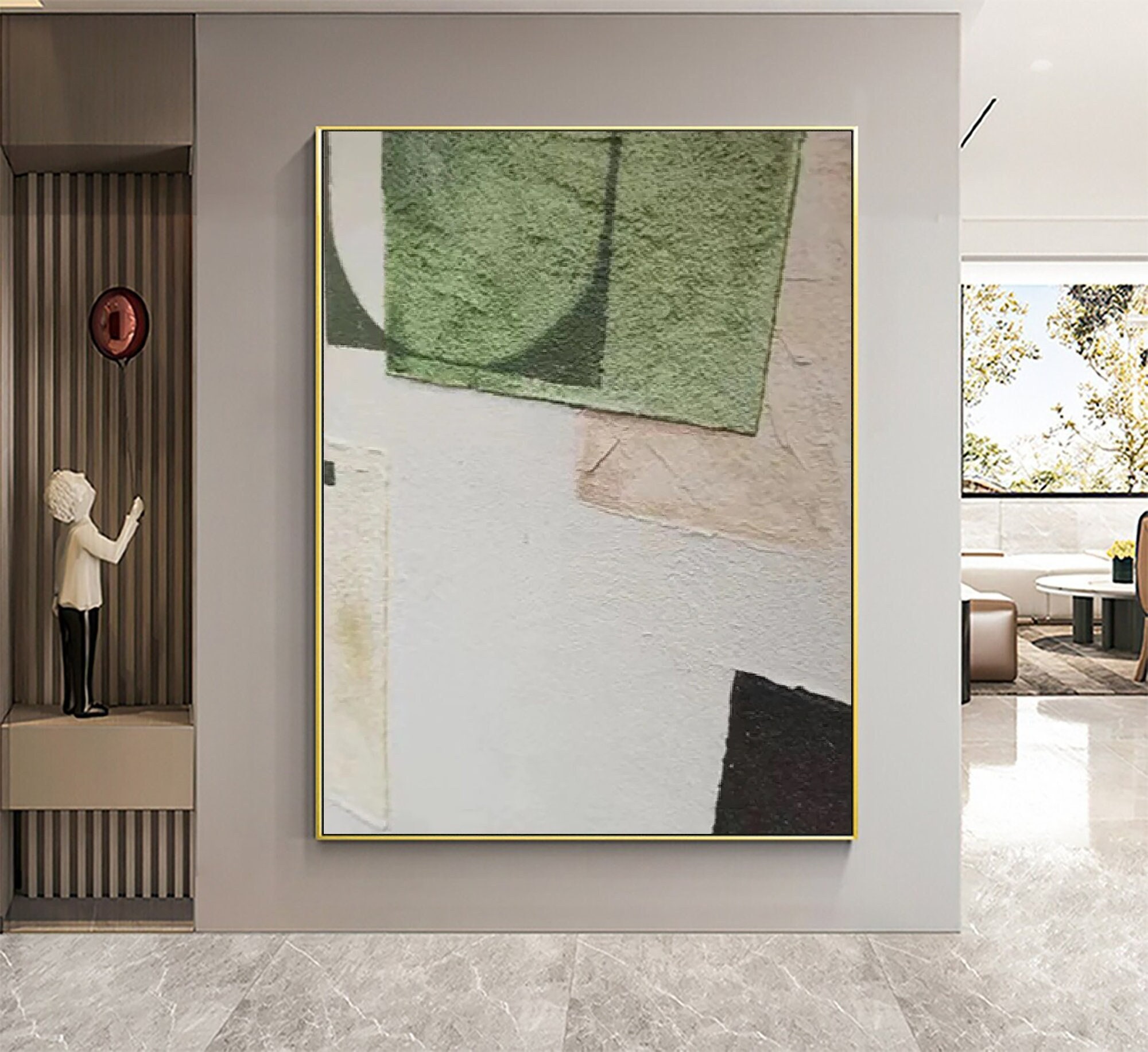 Large White & Green Minimalist Wall Art ｜ Wabi Sabi Textured Painting