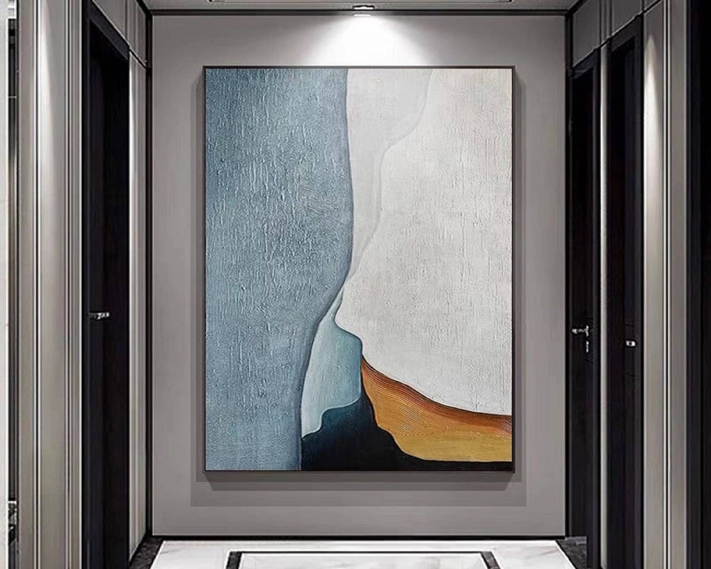 Blue and White Abstract Wall Art - Minimalist Textured Painting for Large Canvas Decor＊＊