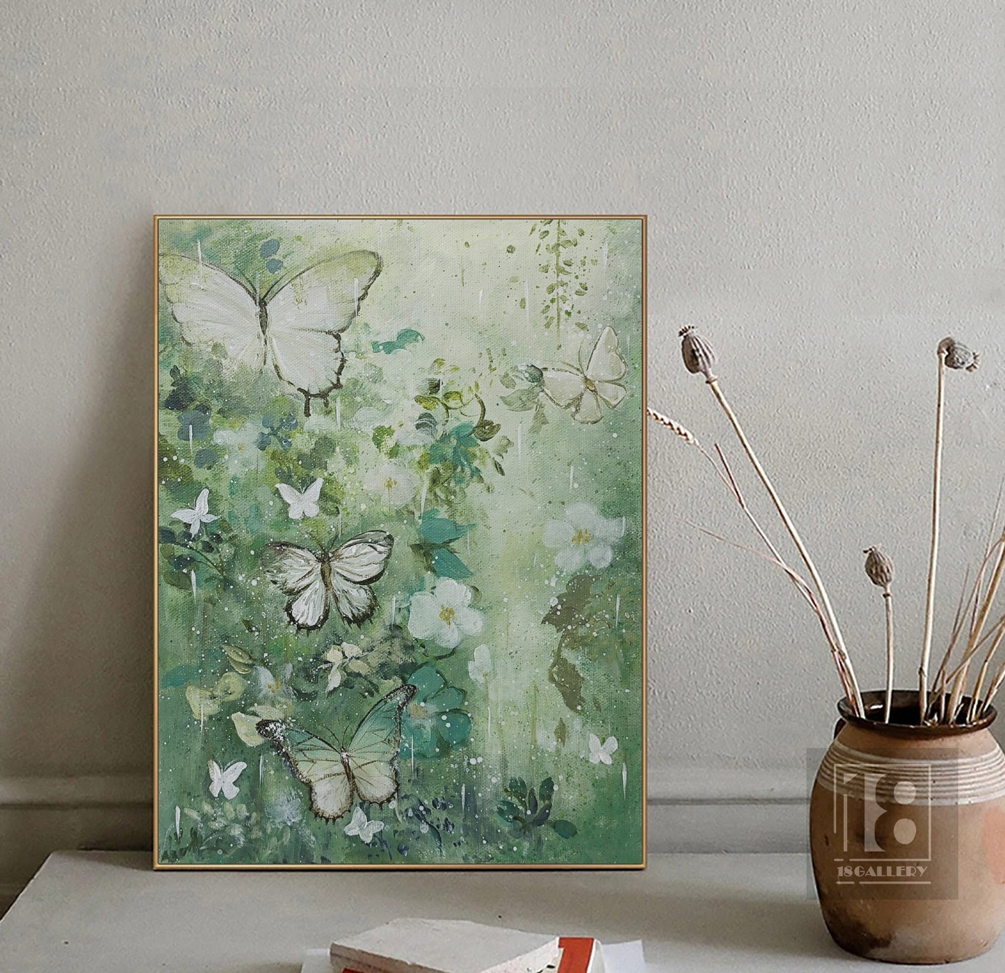 Large Butterfly Landscape Painting ｜ Modern Abstract Canvas Art ｜ Green Oil Painting