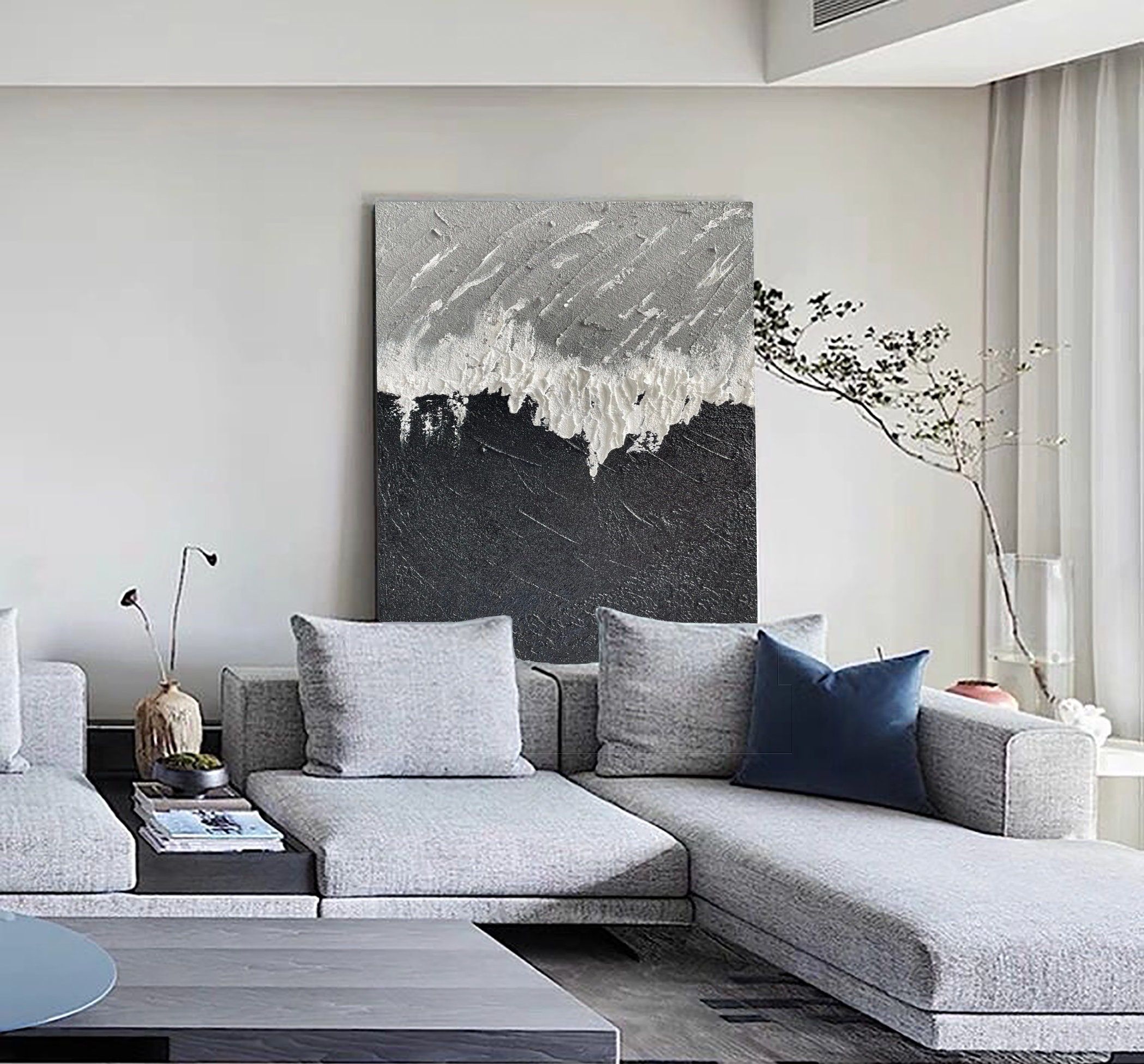 Black and White Minimalist Painting Gray White 3d Textured Wall Art ...