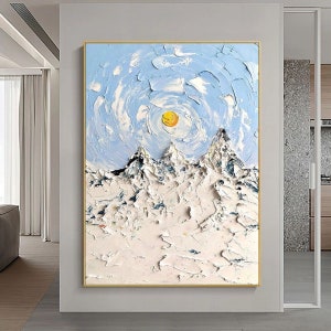 Blue sky abstract painting,snow mountain painting,white 3d texture painting,3d texture wall art,blue painting,white painting,white wall art