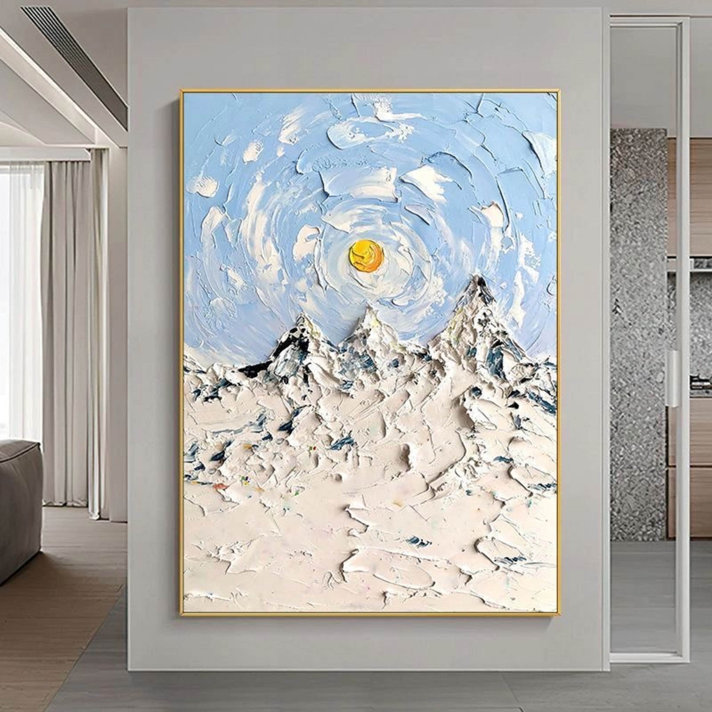 Blue Sky and Snowy Mountain Abstract Painting - Minimalist Wall Art for Homes