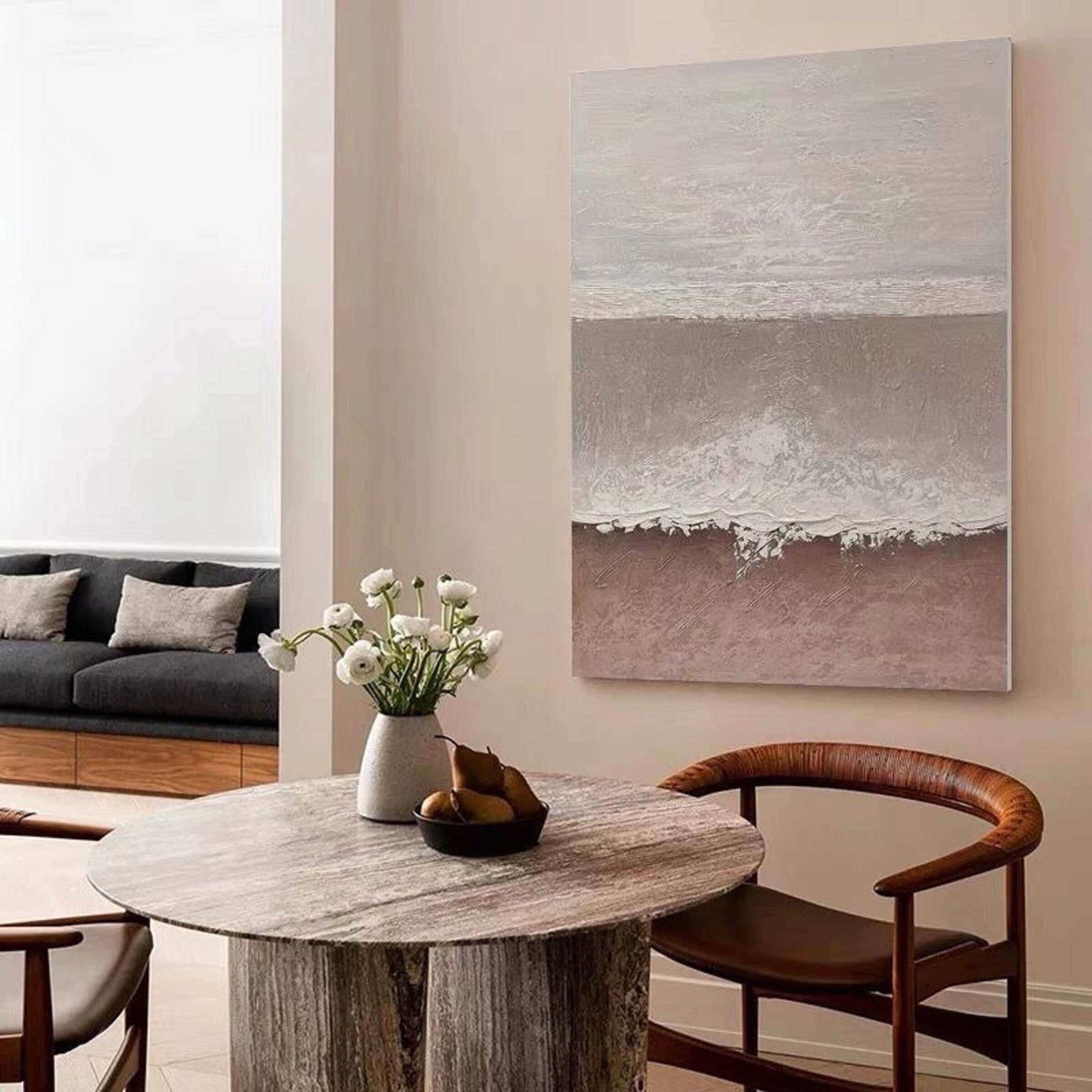 Beige and White Canvas Art - Abstract Textured Painting for Bedroom or Living Room
