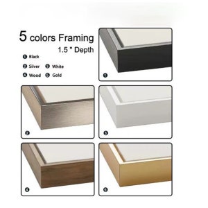 May include: Five framing options for artwork, each with a 1.5 inch depth. The options are black, silver, white, wood, and gold.