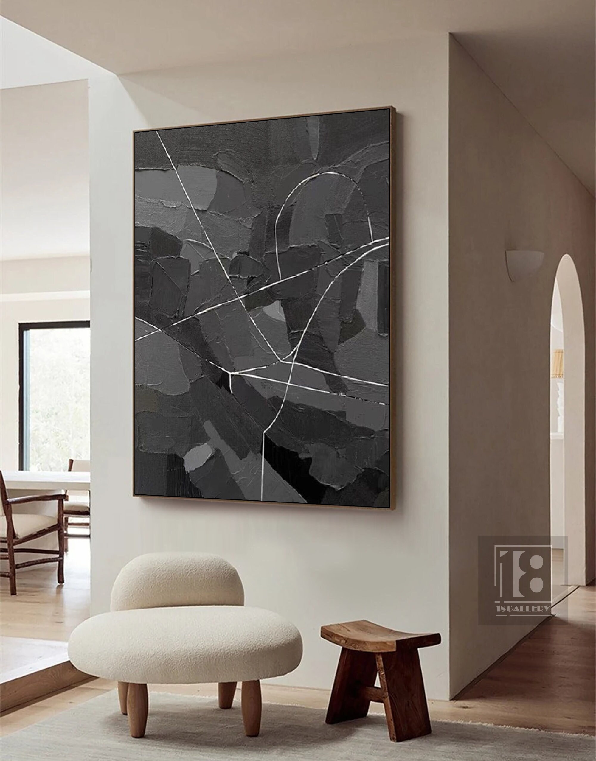 Large Black & Gray Abstract Painting ｜ Wabi Sabi Textured Canvas Art