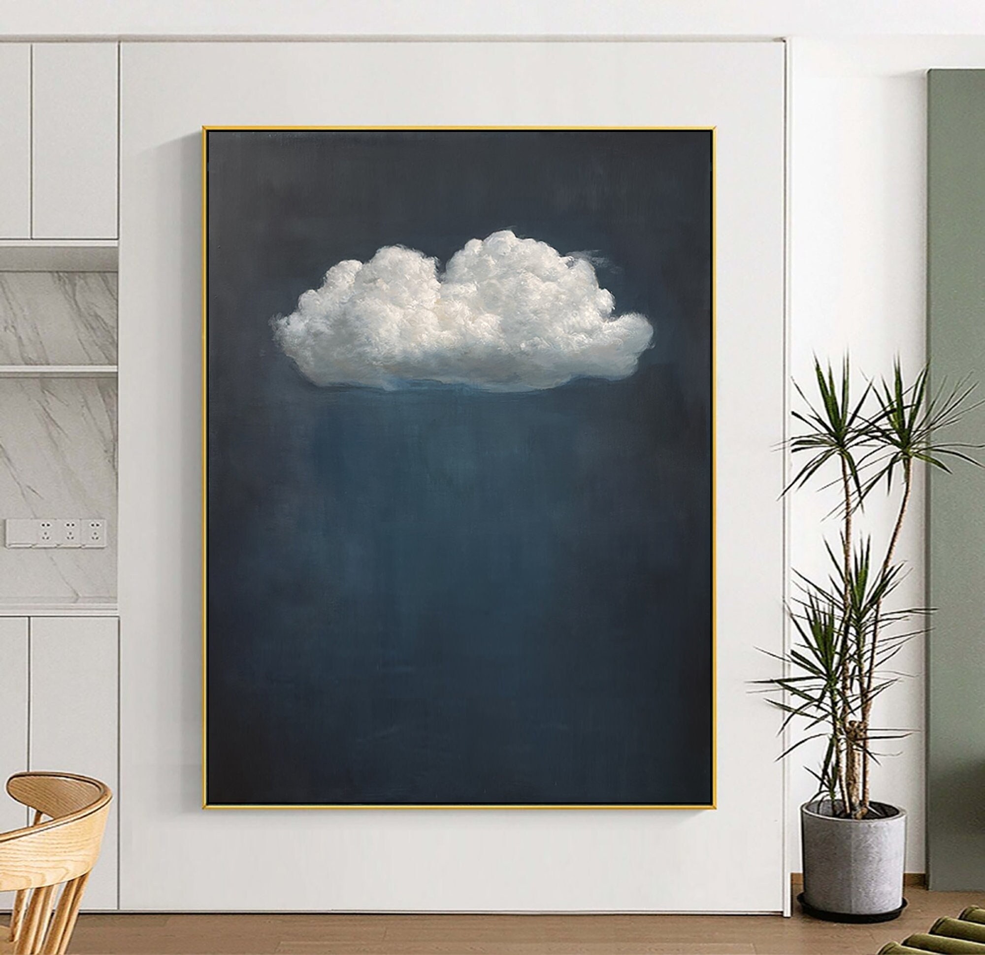 Indigo Sky and Cloud Abstract Art - Minimalist Painting for Modern Living Spaces