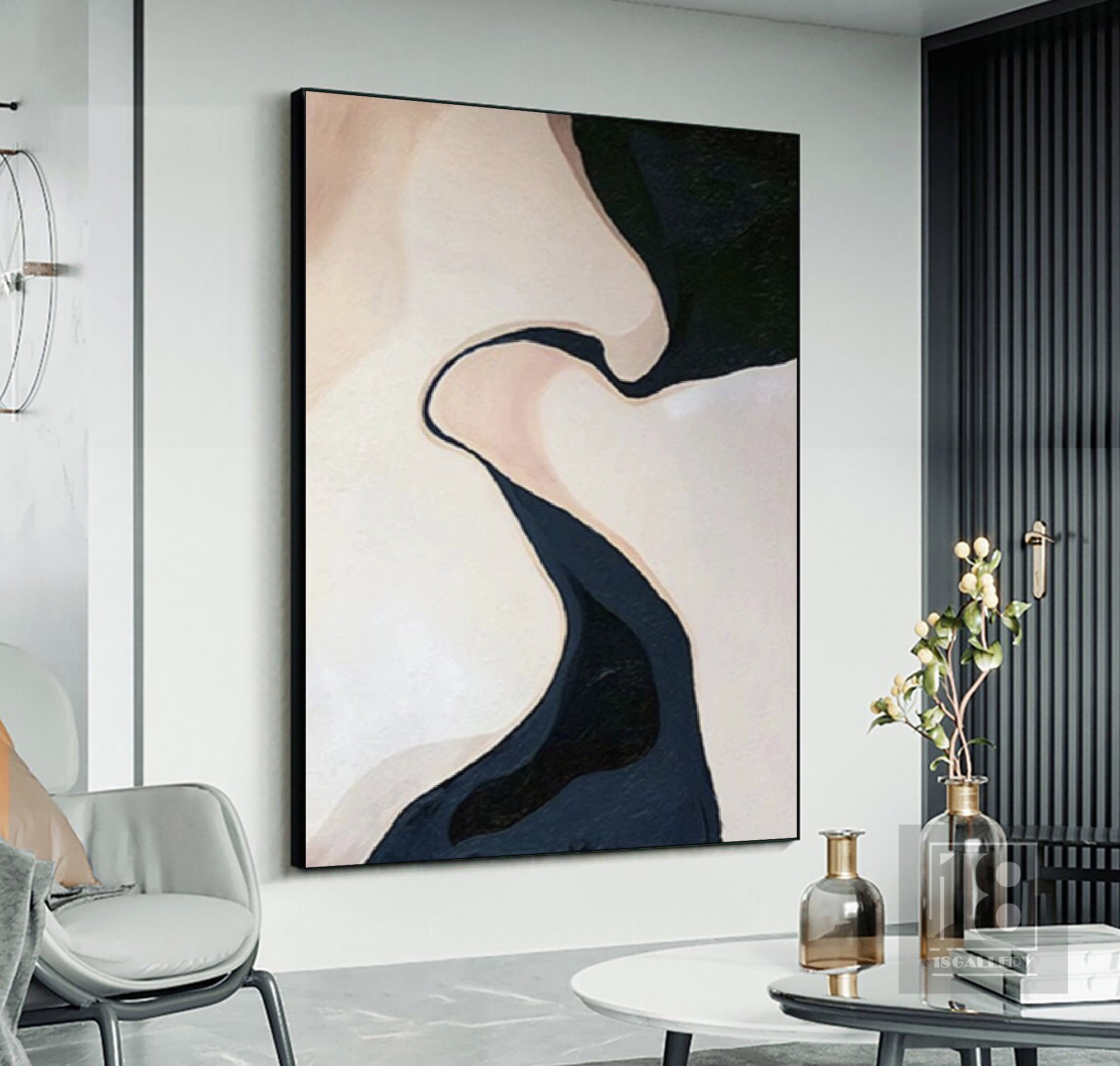 Wabi Sabi Wall Art Beige Black White Abstract Painting on Canvas Modern ...