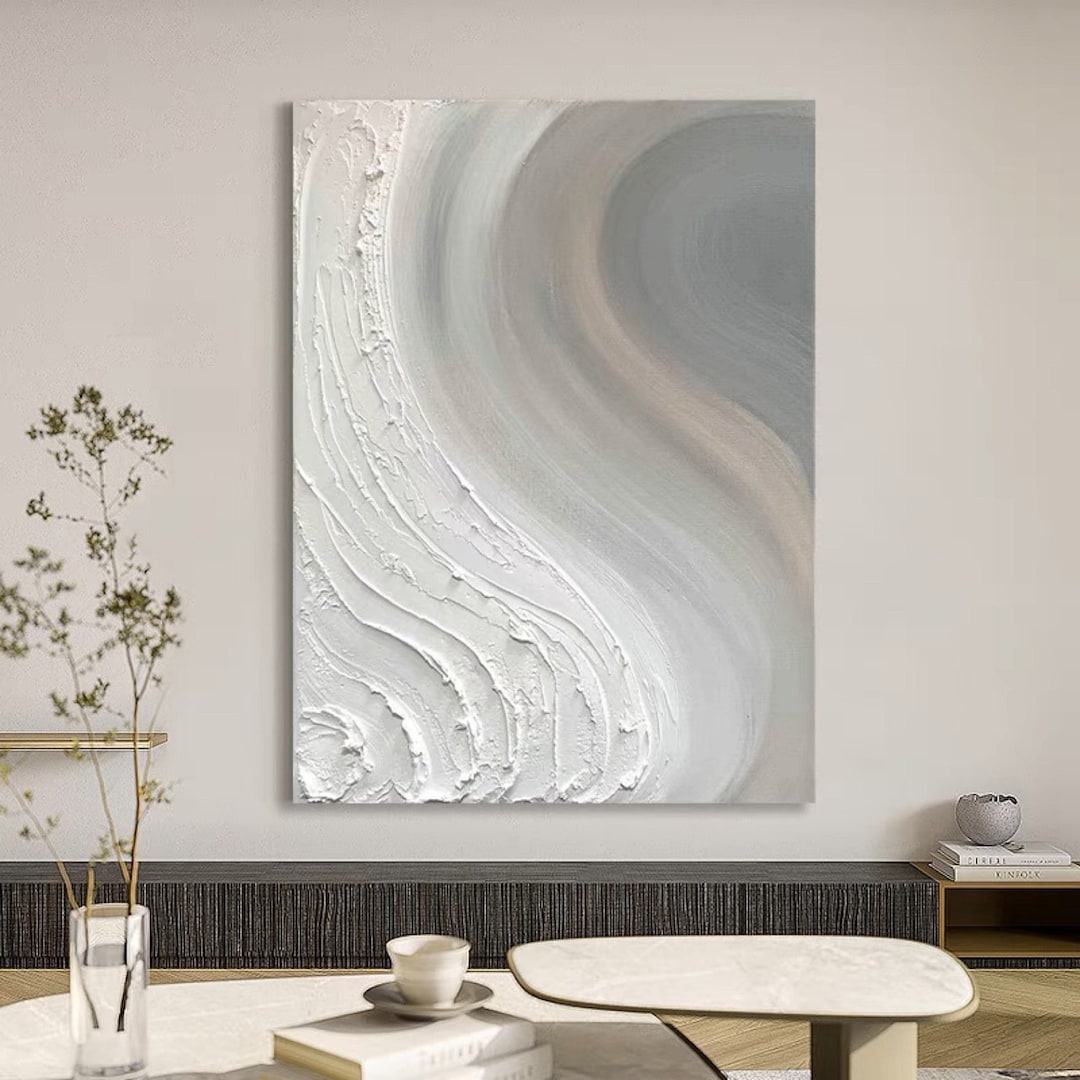 Gray and White Abstract Painting on Canvas White 3d Textured Wall Art