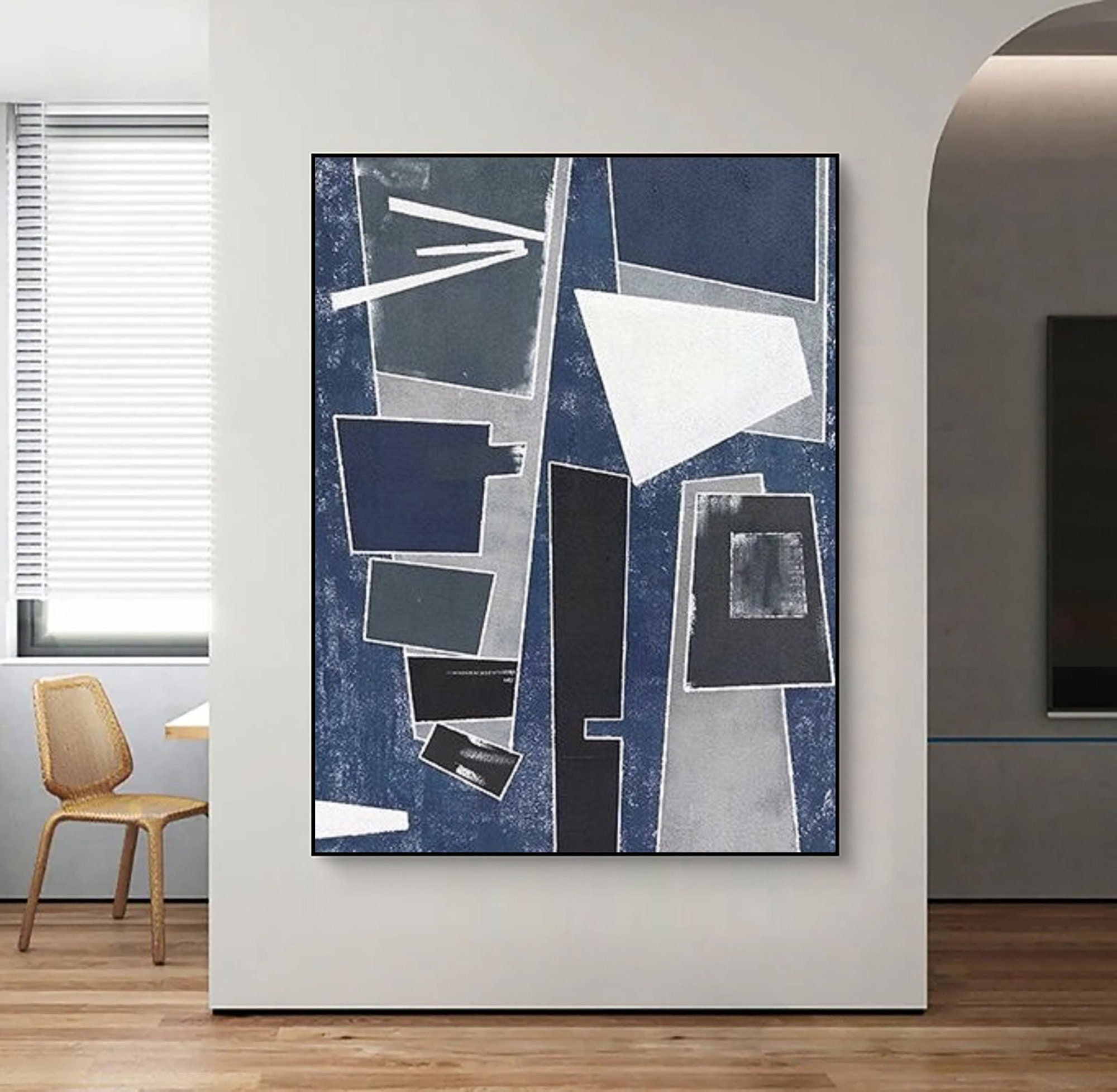 Original Blue & Gray Abstract Painting ｜ Geometric Wabi Sabi Canvas Art